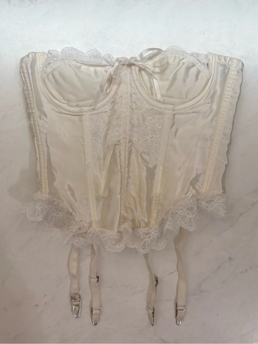 Vintage Victorias Secret Size 34 White Satin Lace Trim Corset Top Union Made USA
